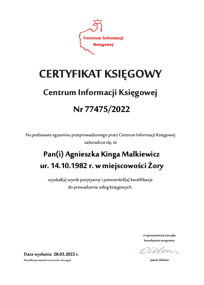 Certyfikat księgowy 2
